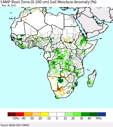 Africa SMAP Root Zone (0-100 cm) Soil Moisture Anomaly (%) Thematic Map For 5/16/2023 - 5/20/2023