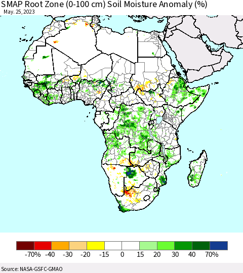 Africa SMAP Root Zone (0-100 cm) Soil Moisture Anomaly (%) Thematic Map For 5/21/2023 - 5/25/2023