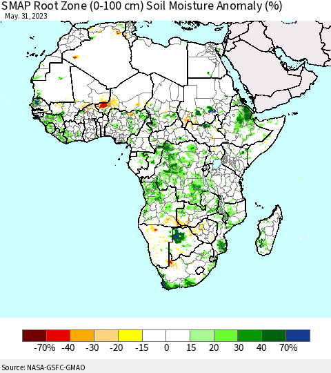 Africa SMAP Root Zone (0-100 cm) Soil Moisture Anomaly (%) Thematic Map For 5/26/2023 - 5/31/2023