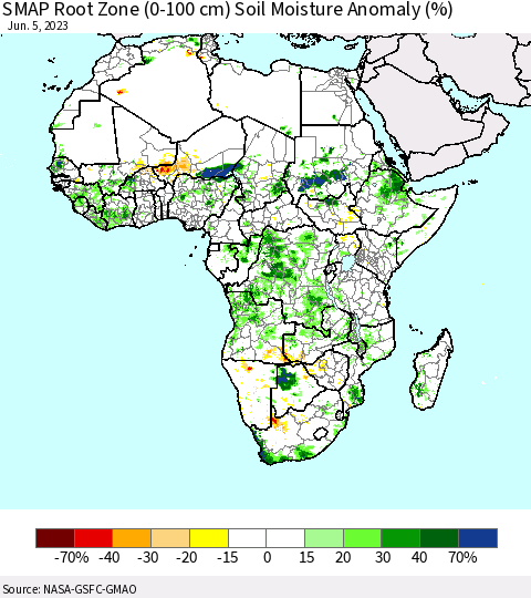 Africa SMAP Root Zone (0-100 cm) Soil Moisture Anomaly (%) Thematic Map For 6/1/2023 - 6/5/2023