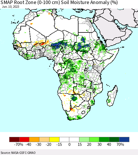 Africa SMAP Root Zone (0-100 cm) Soil Moisture Anomaly (%) Thematic Map For 6/6/2023 - 6/10/2023