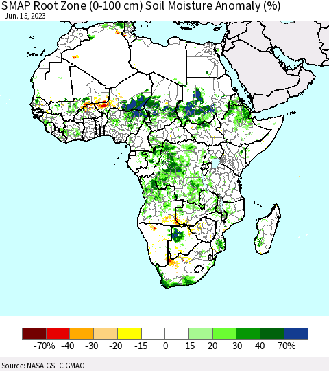 Africa SMAP Root Zone (0-100 cm) Soil Moisture Anomaly (%) Thematic Map For 6/11/2023 - 6/15/2023