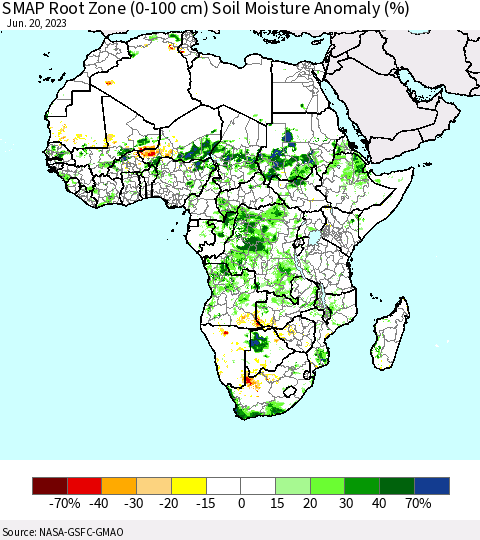 Africa SMAP Root Zone (0-100 cm) Soil Moisture Anomaly (%) Thematic Map For 6/16/2023 - 6/20/2023
