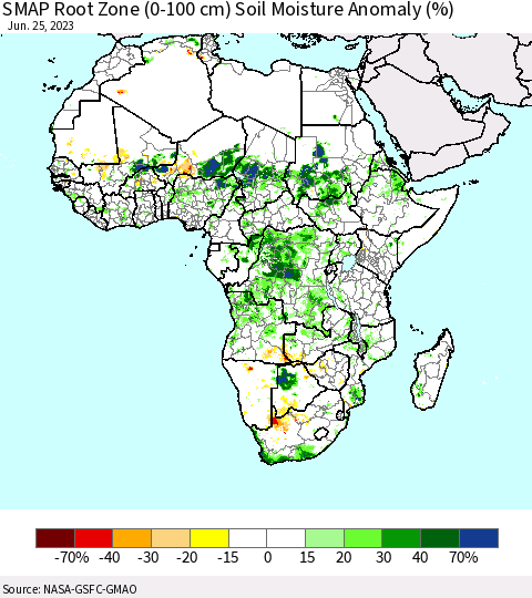 Africa SMAP Root Zone (0-100 cm) Soil Moisture Anomaly (%) Thematic Map For 6/21/2023 - 6/25/2023