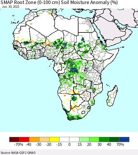 Africa SMAP Root Zone (0-100 cm) Soil Moisture Anomaly (%) Thematic Map For 6/26/2023 - 6/30/2023