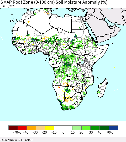 Africa SMAP Root Zone (0-100 cm) Soil Moisture Anomaly (%) Thematic Map For 7/1/2023 - 7/5/2023