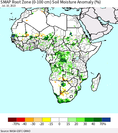 Africa SMAP Root Zone (0-100 cm) Soil Moisture Anomaly (%) Thematic Map For 7/6/2023 - 7/10/2023