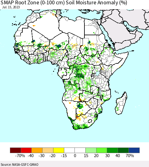 Africa SMAP Root Zone (0-100 cm) Soil Moisture Anomaly (%) Thematic Map For 7/11/2023 - 7/15/2023