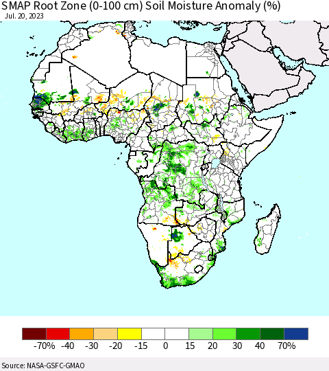 Africa SMAP Root Zone (0-100 cm) Soil Moisture Anomaly (%) Thematic Map For 7/16/2023 - 7/20/2023