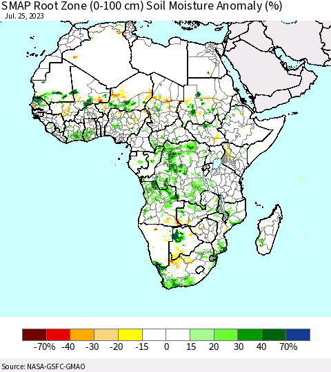 Africa SMAP Root Zone (0-100 cm) Soil Moisture Anomaly (%) Thematic Map For 7/21/2023 - 7/25/2023