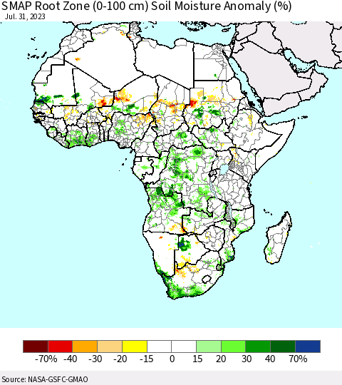 Africa SMAP Root Zone (0-100 cm) Soil Moisture Anomaly (%) Thematic Map For 7/26/2023 - 7/31/2023