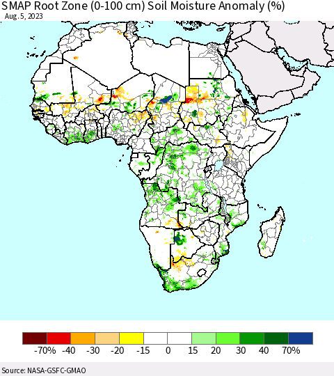 Africa SMAP Root Zone (0-100 cm) Soil Moisture Anomaly (%) Thematic Map For 8/1/2023 - 8/5/2023