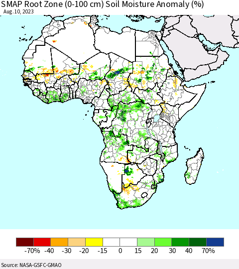 Africa SMAP Root Zone (0-100 cm) Soil Moisture Anomaly (%) Thematic Map For 8/6/2023 - 8/10/2023