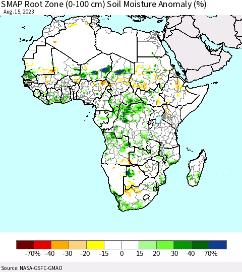 Africa SMAP Root Zone (0-100 cm) Soil Moisture Anomaly (%) Thematic Map For 8/11/2023 - 8/15/2023