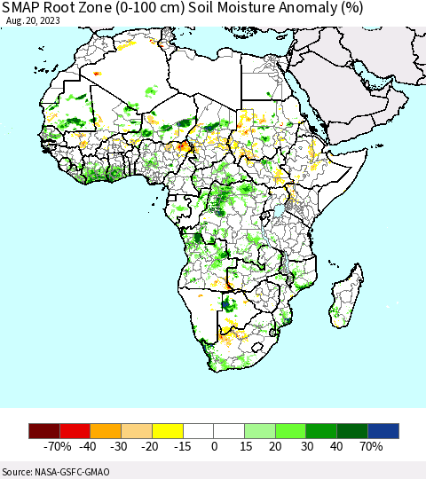 Africa SMAP Root Zone (0-100 cm) Soil Moisture Anomaly (%) Thematic Map For 8/16/2023 - 8/20/2023