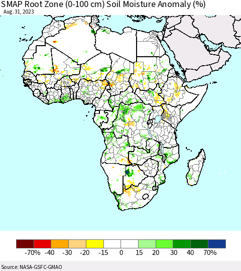 Africa SMAP Root Zone (0-100 cm) Soil Moisture Anomaly (%) Thematic Map For 8/26/2023 - 8/31/2023