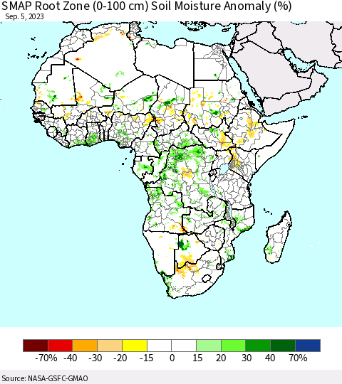 Africa SMAP Root Zone (0-100 cm) Soil Moisture Anomaly (%) Thematic Map For 9/1/2023 - 9/5/2023