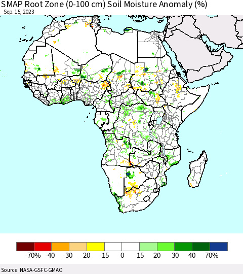 Africa SMAP Root Zone (0-100 cm) Soil Moisture Anomaly (%) Thematic Map For 9/11/2023 - 9/15/2023
