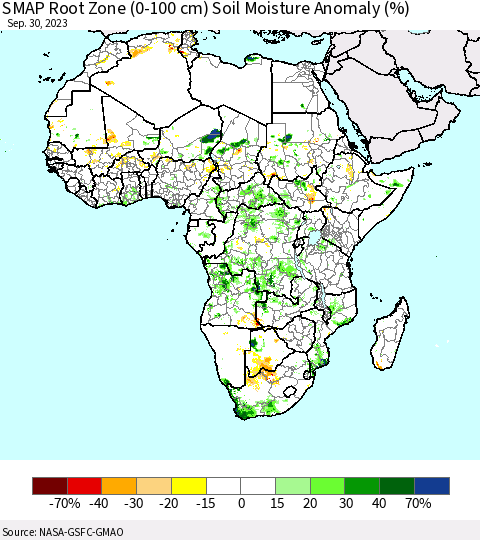 Africa SMAP Root Zone (0-100 cm) Soil Moisture Anomaly (%) Thematic Map For 9/26/2023 - 9/30/2023