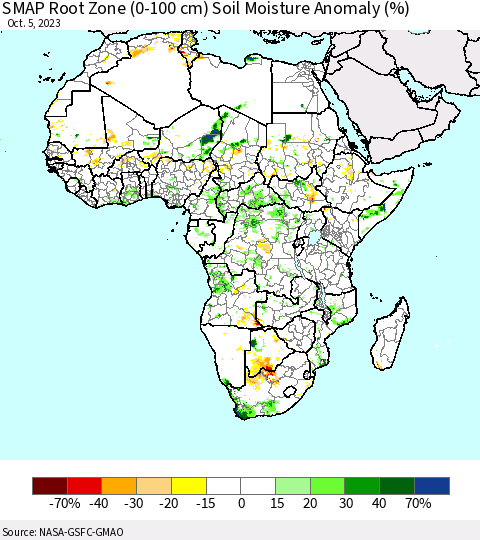 Africa SMAP Root Zone (0-100 cm) Soil Moisture Anomaly (%) Thematic Map For 10/1/2023 - 10/5/2023