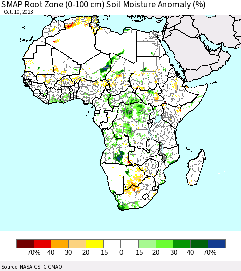 Africa SMAP Root Zone (0-100 cm) Soil Moisture Anomaly (%) Thematic Map For 10/6/2023 - 10/10/2023