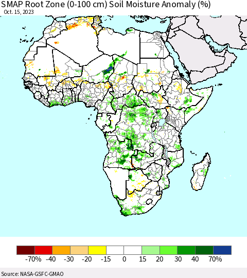 Africa SMAP Root Zone (0-100 cm) Soil Moisture Anomaly (%) Thematic Map For 10/11/2023 - 10/15/2023