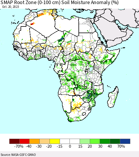 Africa SMAP Root Zone (0-100 cm) Soil Moisture Anomaly (%) Thematic Map For 10/16/2023 - 10/20/2023