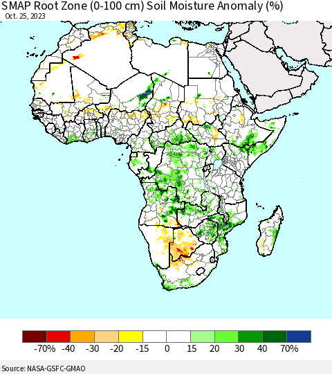 Africa SMAP Root Zone (0-100 cm) Soil Moisture Anomaly (%) Thematic Map For 10/21/2023 - 10/25/2023