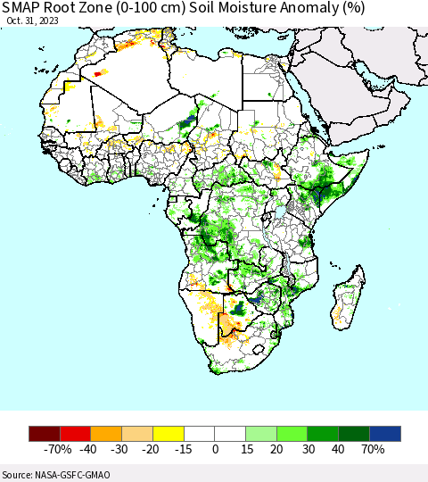 Africa SMAP Root Zone (0-100 cm) Soil Moisture Anomaly (%) Thematic Map For 10/26/2023 - 10/31/2023