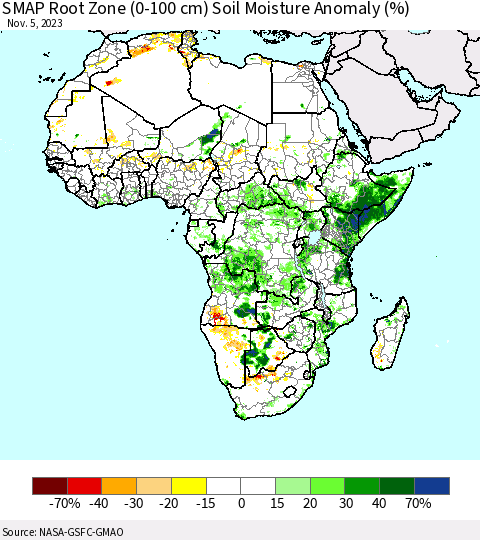 Africa SMAP Root Zone (0-100 cm) Soil Moisture Anomaly (%) Thematic Map For 11/1/2023 - 11/5/2023