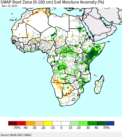 Africa SMAP Root Zone (0-100 cm) Soil Moisture Anomaly (%) Thematic Map For 11/6/2023 - 11/10/2023