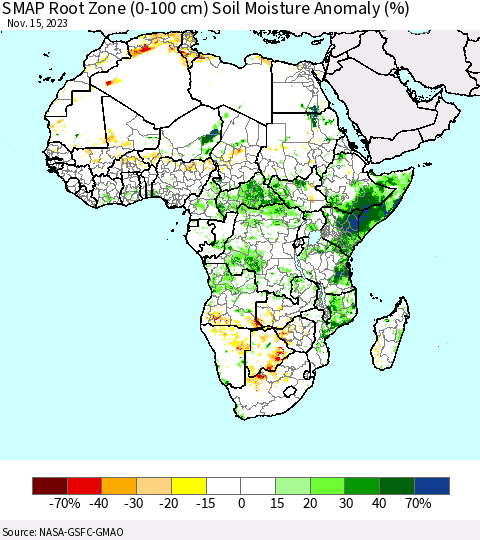 Africa SMAP Root Zone (0-100 cm) Soil Moisture Anomaly (%) Thematic Map For 11/11/2023 - 11/15/2023