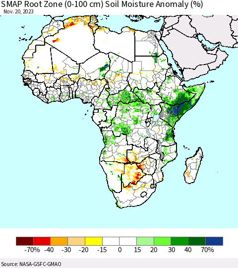 Africa SMAP Root Zone (0-100 cm) Soil Moisture Anomaly (%) Thematic Map For 11/16/2023 - 11/20/2023