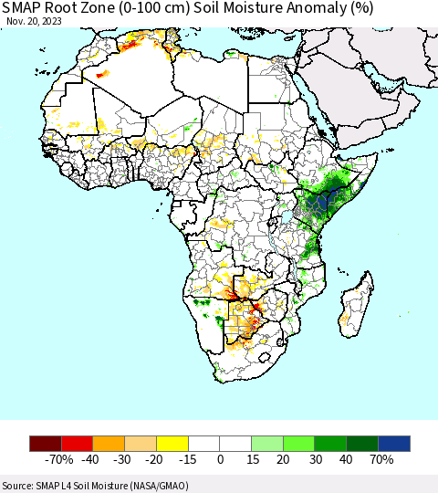 Africa SMAP Root Zone (0-100 cm) Soil Moisture Anomaly (%) Thematic Map For 11/16/2023 - 11/20/2023