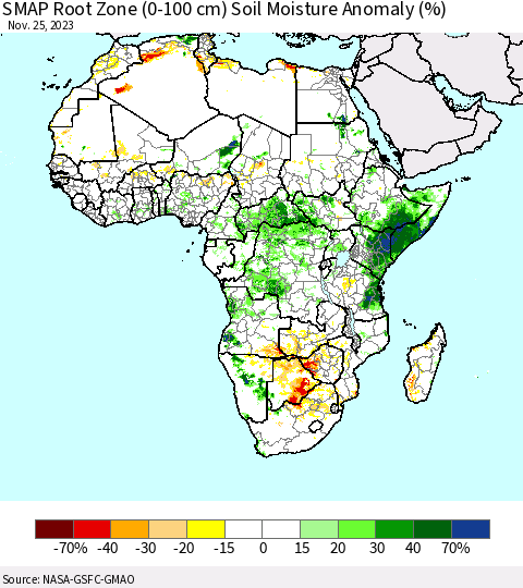 Africa SMAP Root Zone (0-100 cm) Soil Moisture Anomaly (%) Thematic Map For 11/21/2023 - 11/25/2023