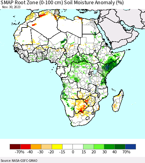 Africa SMAP Root Zone (0-100 cm) Soil Moisture Anomaly (%) Thematic Map For 11/26/2023 - 11/30/2023