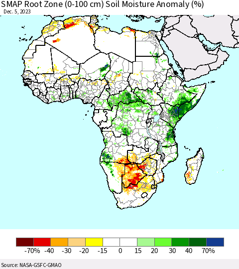 Africa SMAP Root Zone (0-100 cm) Soil Moisture Anomaly (%) Thematic Map For 12/1/2023 - 12/5/2023