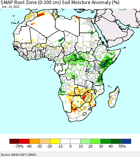 Africa SMAP Root Zone (0-100 cm) Soil Moisture Anomaly (%) Thematic Map For 12/6/2023 - 12/10/2023