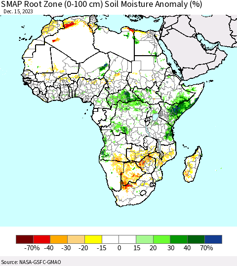 Africa SMAP Root Zone (0-100 cm) Soil Moisture Anomaly (%) Thematic Map For 12/11/2023 - 12/15/2023