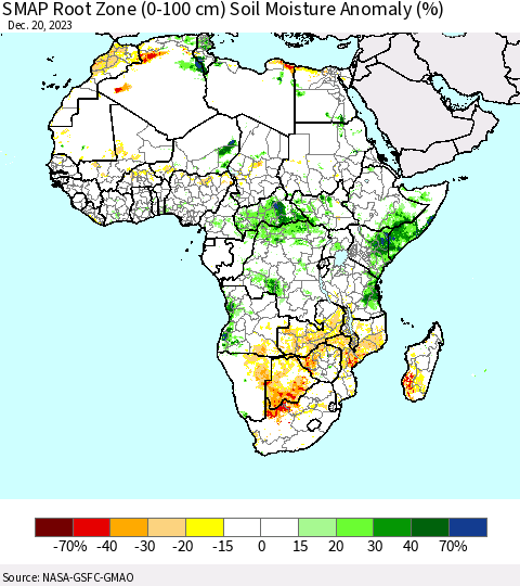 Africa SMAP Root Zone (0-100 cm) Soil Moisture Anomaly (%) Thematic Map For 12/16/2023 - 12/20/2023