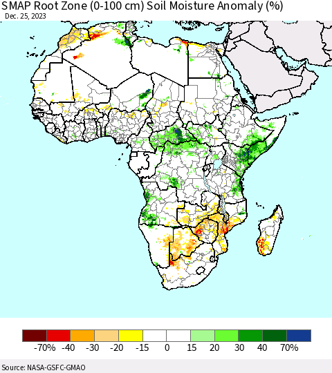 Africa SMAP Root Zone (0-100 cm) Soil Moisture Anomaly (%) Thematic Map For 12/21/2023 - 12/25/2023