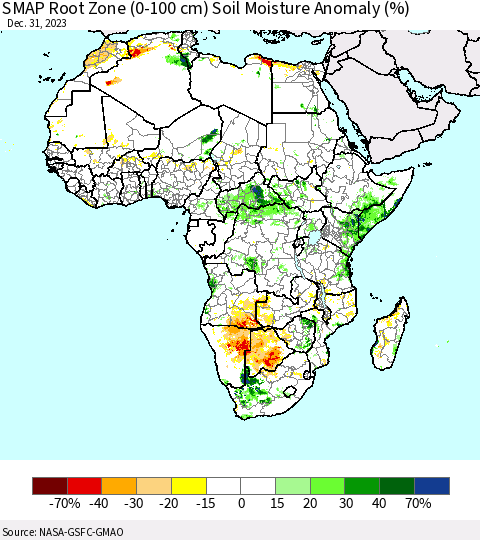 Africa SMAP Root Zone (0-100 cm) Soil Moisture Anomaly (%) Thematic Map For 12/26/2023 - 12/31/2023