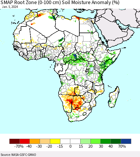 Africa SMAP Root Zone (0-100 cm) Soil Moisture Anomaly (%) Thematic Map For 1/1/2024 - 1/5/2024
