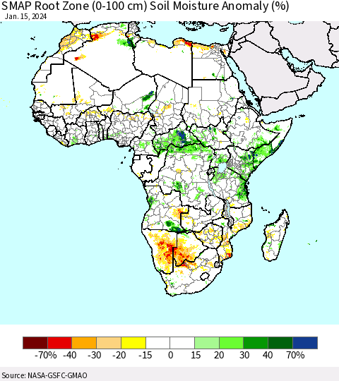 Africa SMAP Root Zone (0-100 cm) Soil Moisture Anomaly (%) Thematic Map For 1/11/2024 - 1/15/2024
