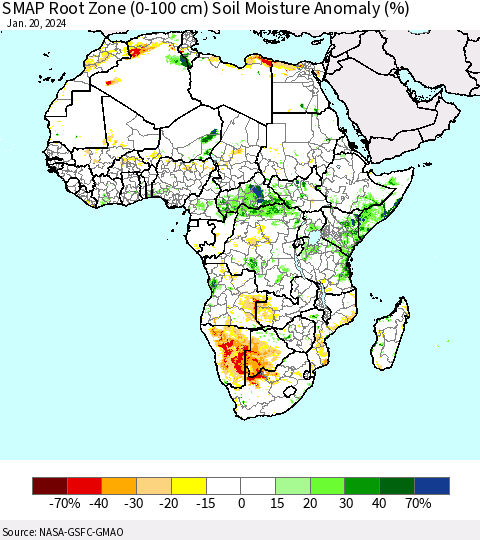 Africa SMAP Root Zone (0-100 cm) Soil Moisture Anomaly (%) Thematic Map For 1/16/2024 - 1/20/2024
