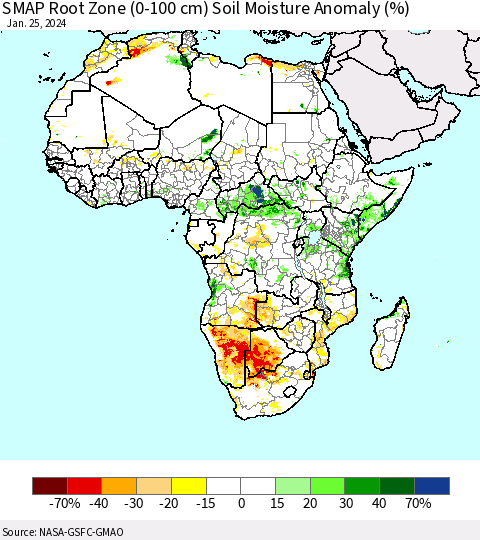 Africa SMAP Root Zone (0-100 cm) Soil Moisture Anomaly (%) Thematic Map For 1/21/2024 - 1/25/2024