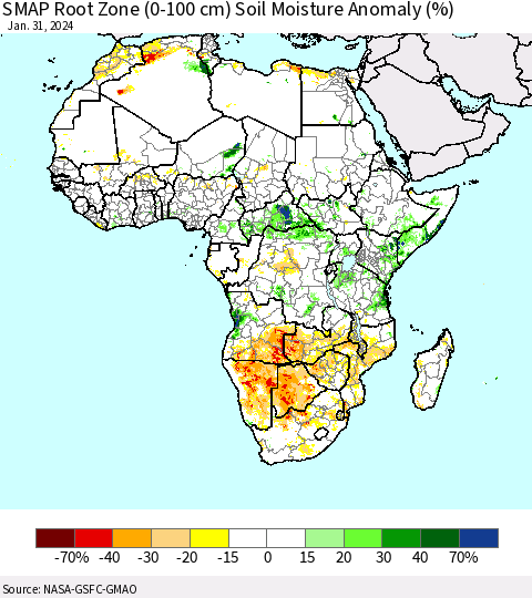 Africa SMAP Root Zone (0-100 cm) Soil Moisture Anomaly (%) Thematic Map For 1/26/2024 - 1/31/2024