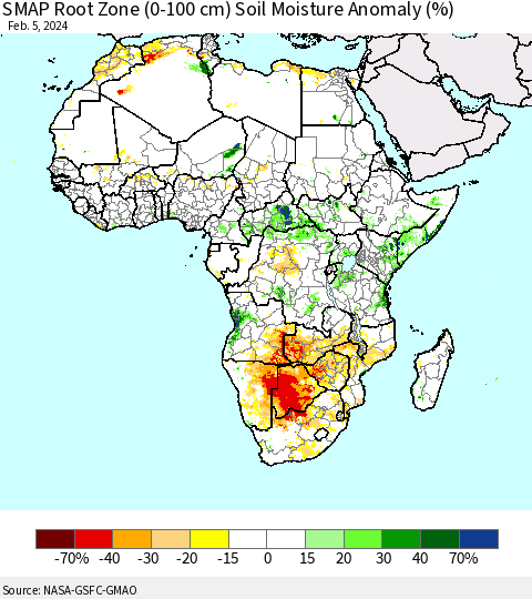Africa SMAP Root Zone (0-100 cm) Soil Moisture Anomaly (%) Thematic Map For 2/1/2024 - 2/5/2024