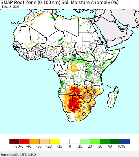 Africa SMAP Root Zone (0-100 cm) Soil Moisture Anomaly (%) Thematic Map For 2/11/2024 - 2/15/2024