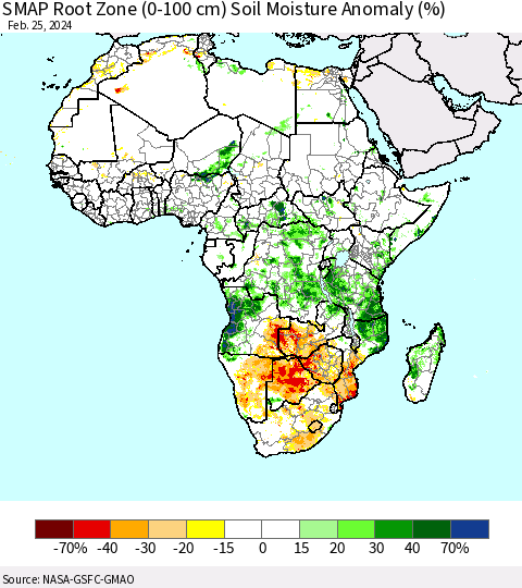 Africa SMAP Root Zone (0-100 cm) Soil Moisture Anomaly (%) Thematic Map For 2/21/2024 - 2/25/2024